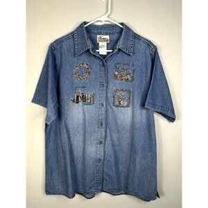 Vintage Womens Denim Shirt Sz XL Button Up Top Embroidered Garden Short Sleeve